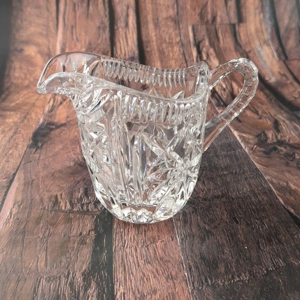 VTG Cut Glass Crystal Creamer & Sugar Bowl Set MCM Starburst Elegant‎ Design